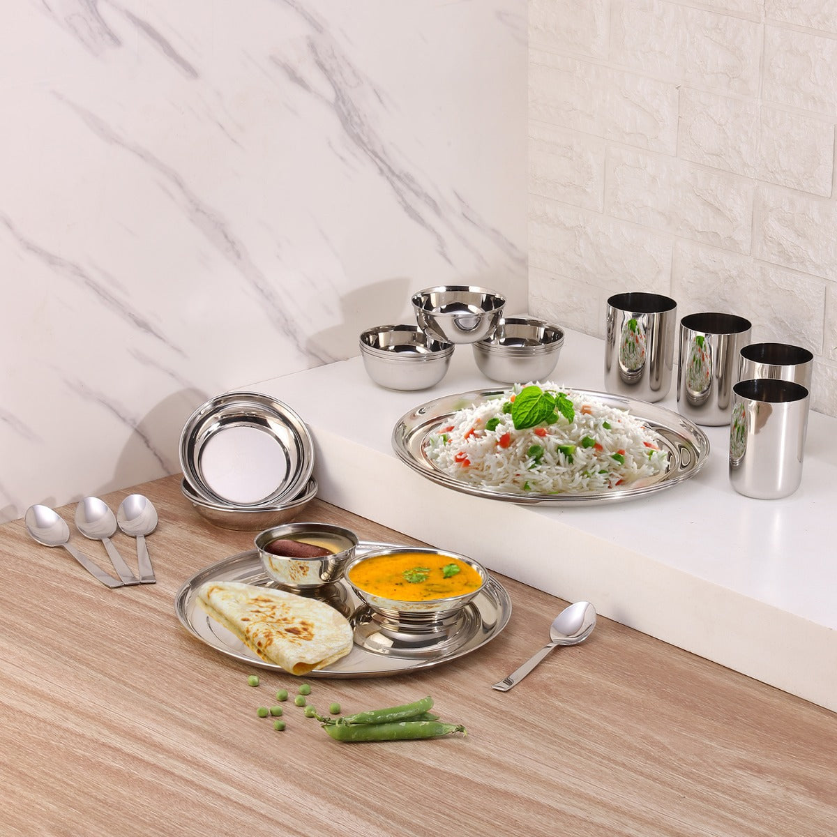 Princess Dinner Set 24 pc stainless steel set with plates, bowls, glasses and spoons, durable mirror finish for serving rice, curry and everyday meals