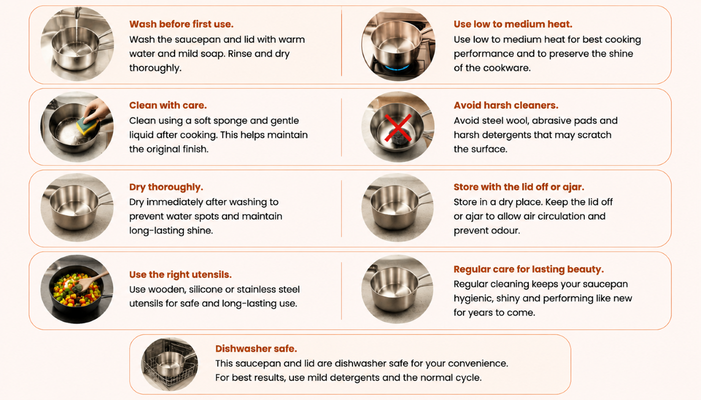Kraft Futuretec Triply Stainless Steel Saucepan 1.6 L (Induction Friendly) - Care Guide