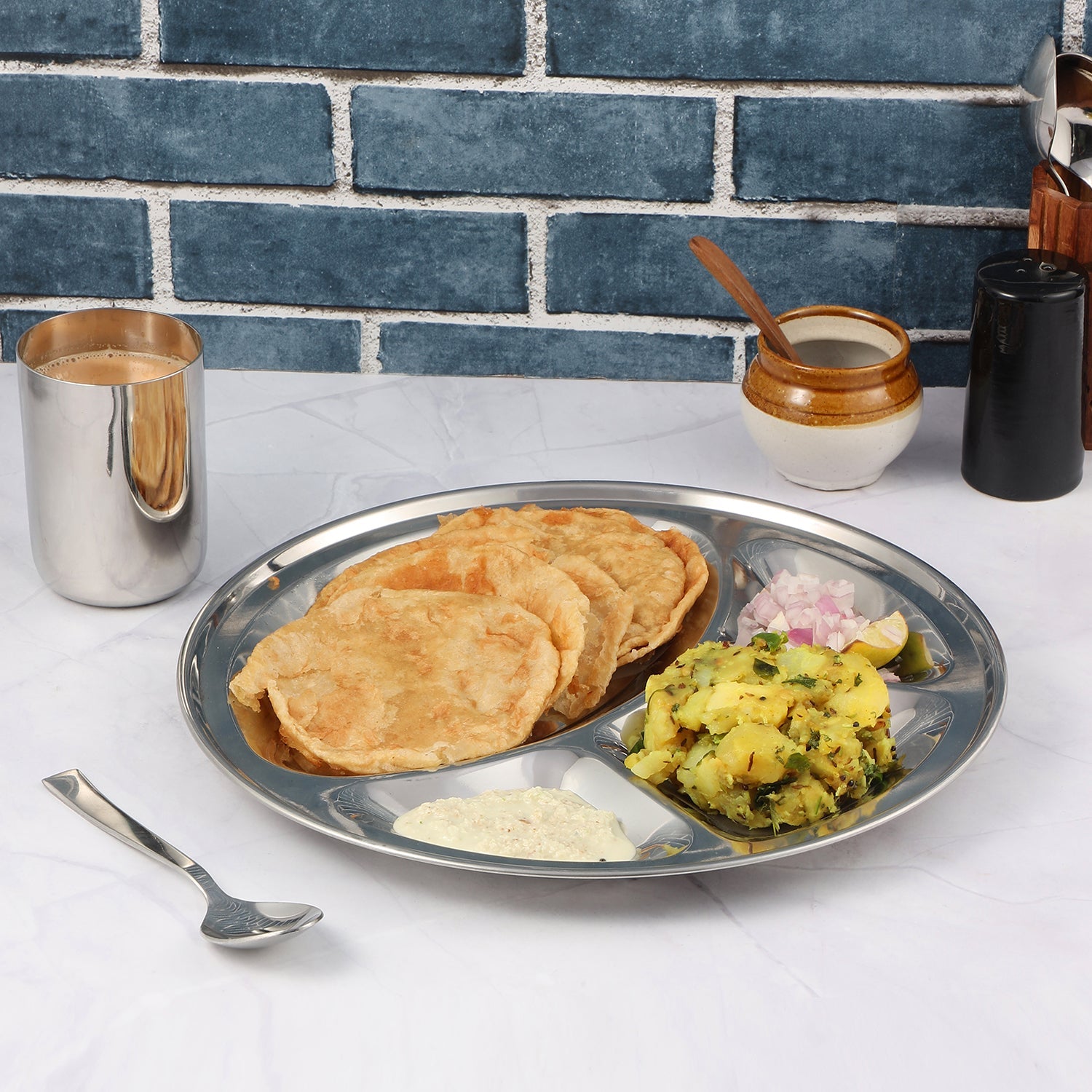 Kraft stainless steel breakfast set 3pc plate bowl glass serveware