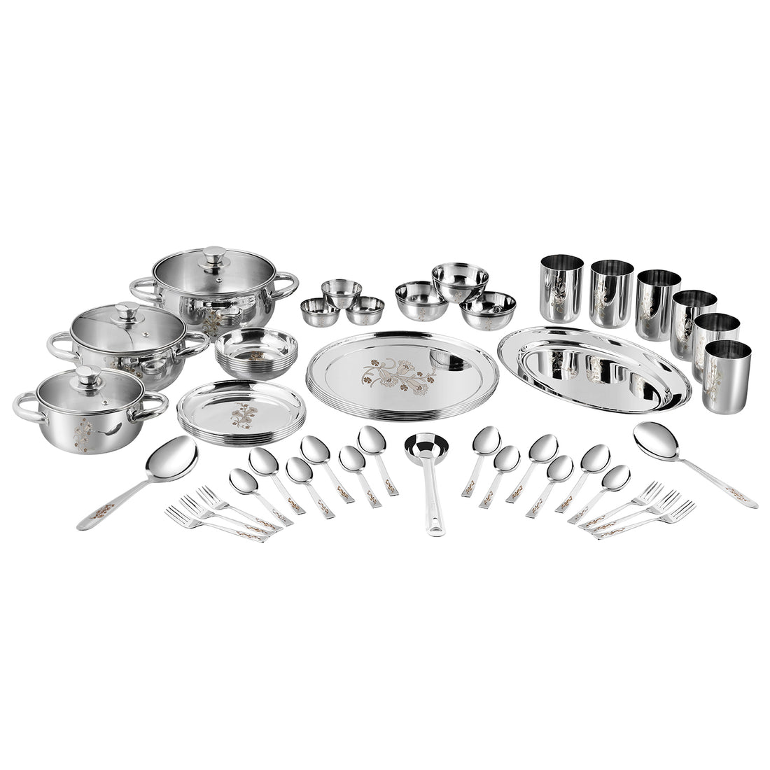 Kraft stainless steel Tulip dinner set 61pc plates bowls glasses spoons