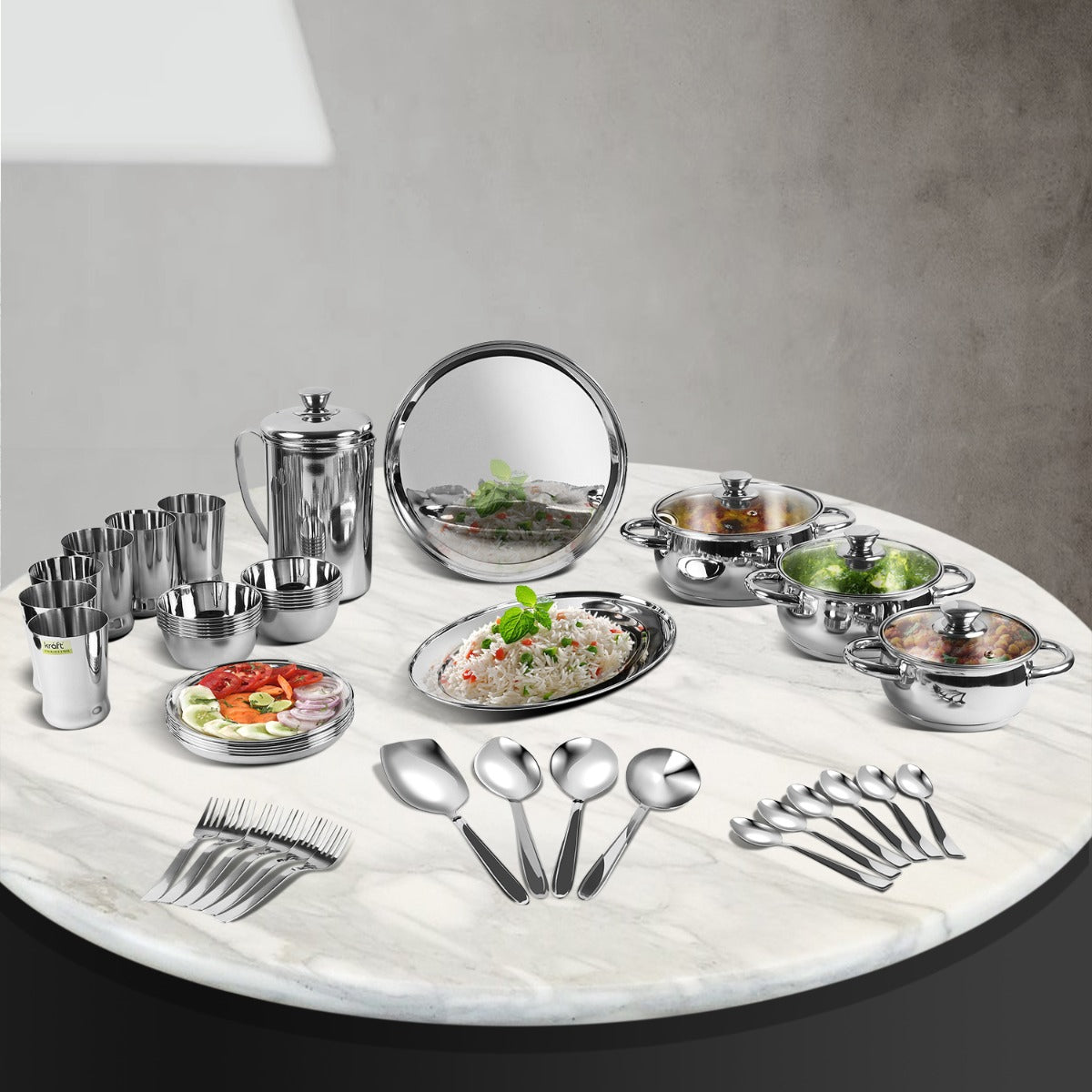 Stainless Steel Milano 57 pc dinner and lunch set with kadai serving traditional sabji, showcasing a complete dining collection