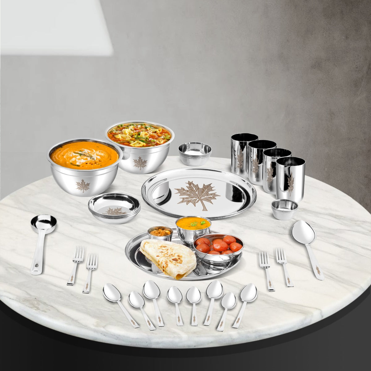 Kraft stainless steel Leaf dinner set 36pc plates bowls glasses
