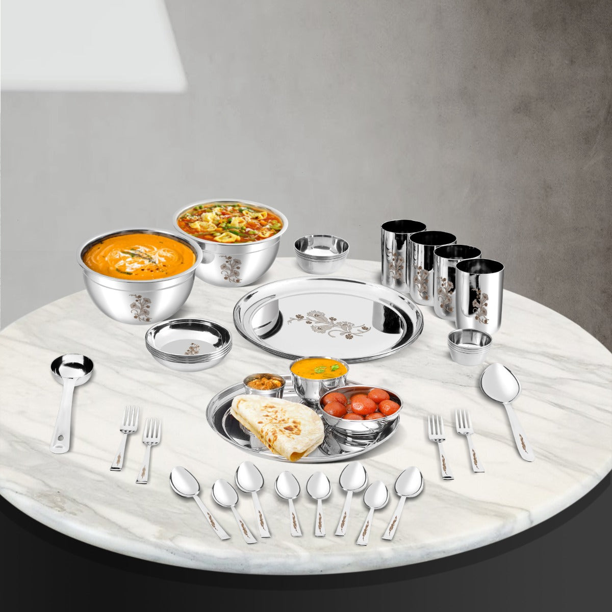 Kraft stainless steel Tulip dinner set 36pc plates bowls glasses tableware
