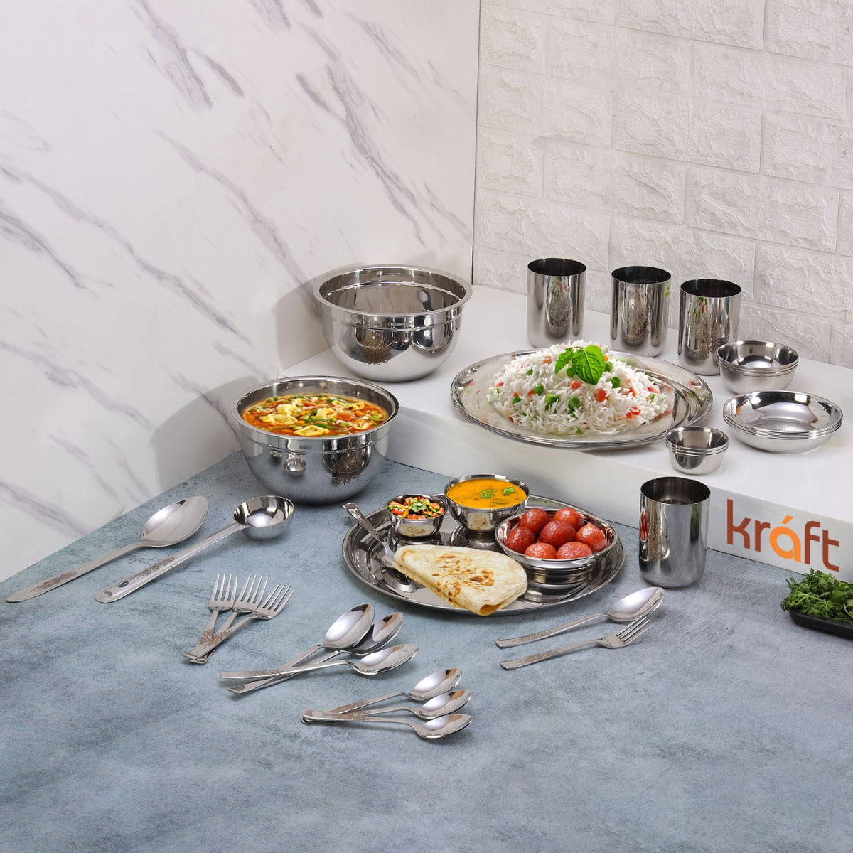 Daffodil Dinner Set 36 pc showing all the cookware products