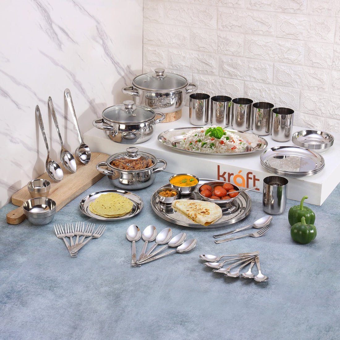 Kraft Daffodil stainless steel dinner set 61pc plates bowls glasses
