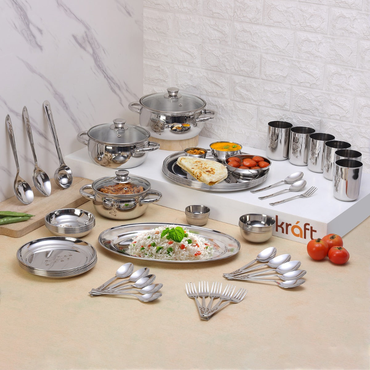 Kraft stainless steel Tulip dinner set 61pc plates bowls glasses spoons
