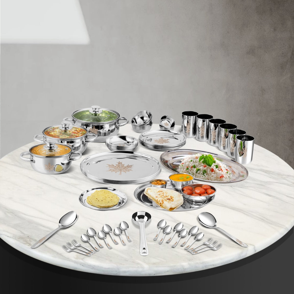 Kraft stainless steel Leaf dinner set 61pc plates bowls glasses spoons