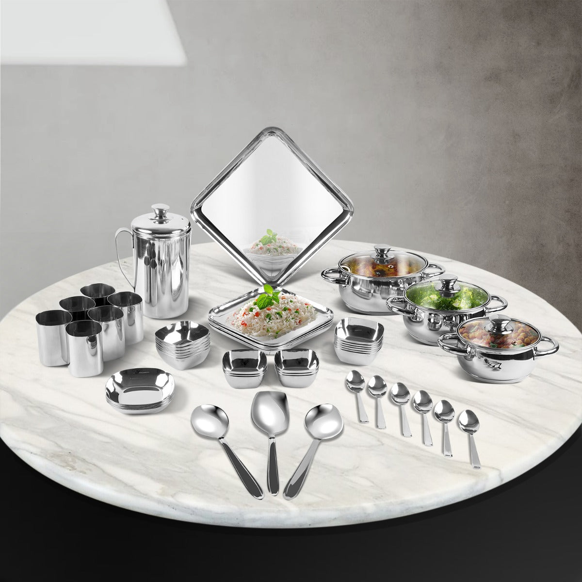 Stainless Steel Qubic Dinner Lunch Set 55 pc with plates, bowls, glasses, spoons and serving cookware, durable mirror finish set for complete family dining and serving use