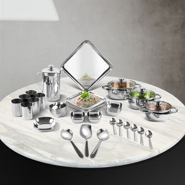 Stainless Steel Qubic Dinner Lunch Set 55 pc with plates, bowls, glasses, spoons and serving cookware, durable mirror finish set for complete family dining and serving use