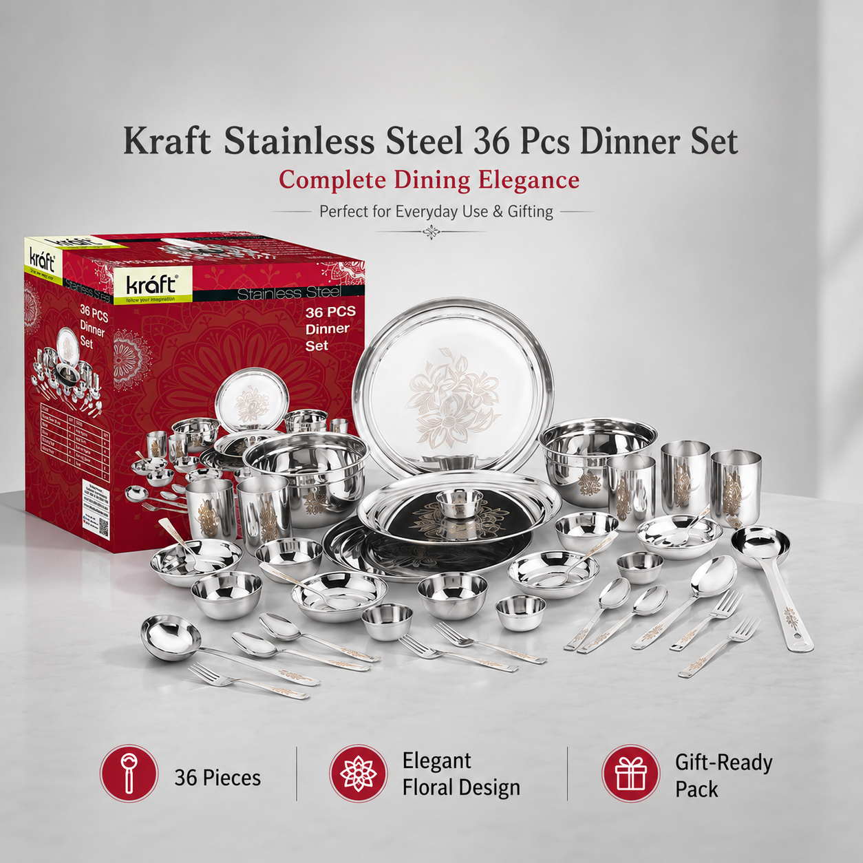 Kraft Daffodil stainless steel dinner set 36pc view 3 plates