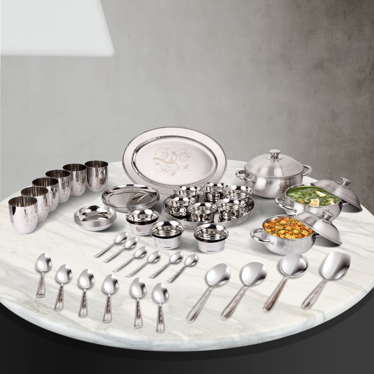 Stainless Steel Tulip Dinner Set 51 pc with complete serving collection including plates, bowls, glasses, spoons and cookware, durable mirror finish set for family dining and serving meals