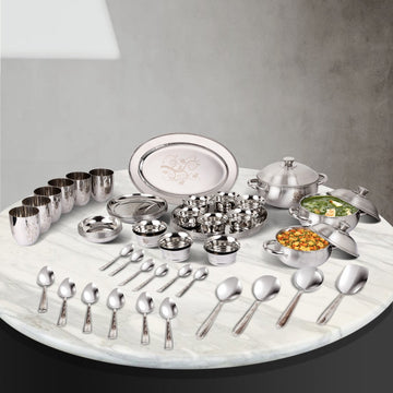 Stainless Steel Tulip Dinner Set 51 pc with complete serving collection including plates, bowls, glasses, spoons and cookware, durable mirror finish set for family dining and serving meals