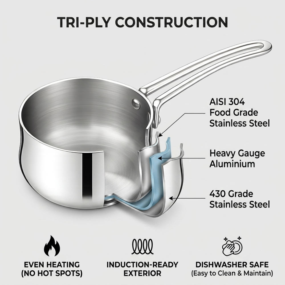 Stainless steel pot with labeled components and features on a gray background