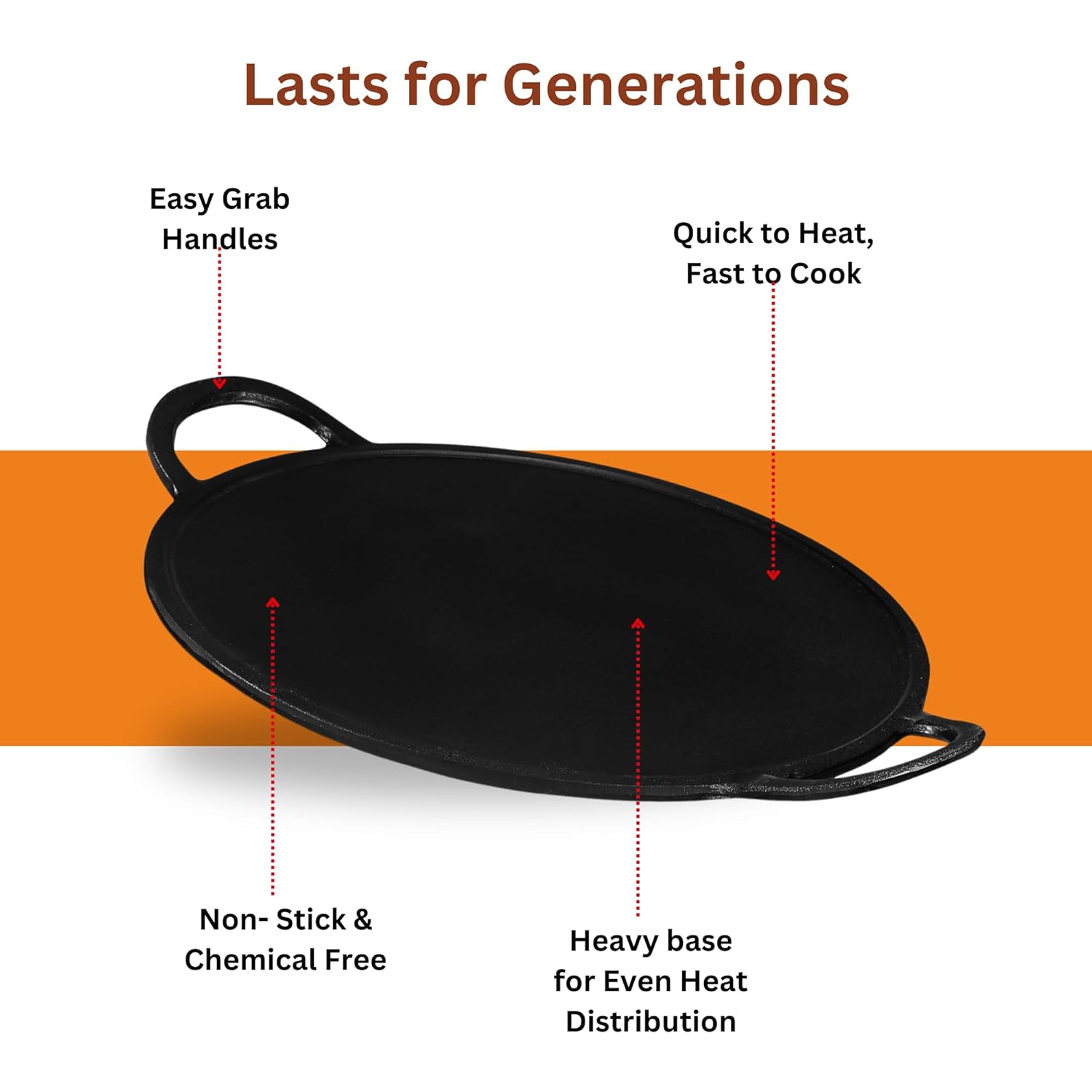 Kraft cast iron dosa tawa features orange white background