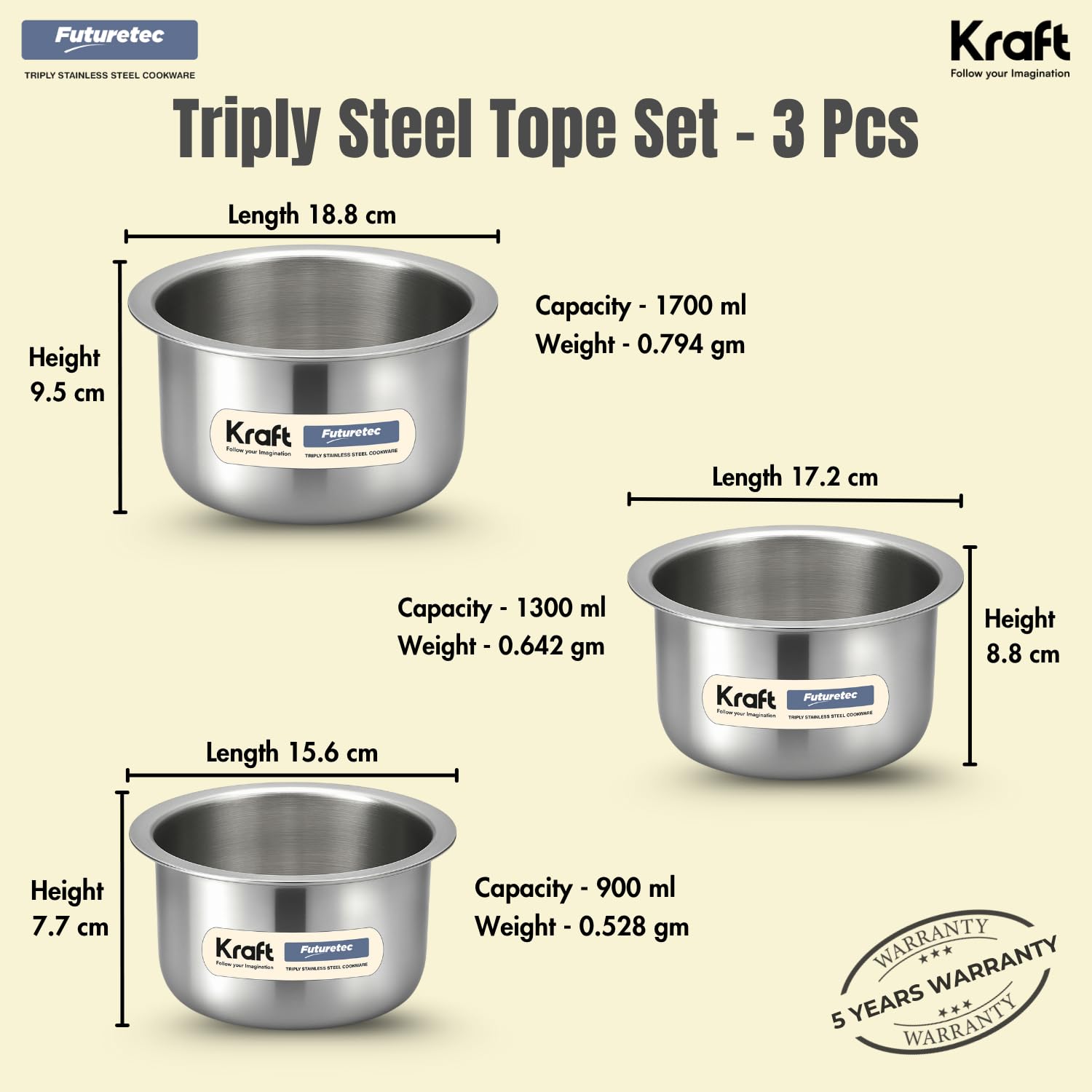 Kraft Futuretec Triply tope set 3pc stainless induction view 4