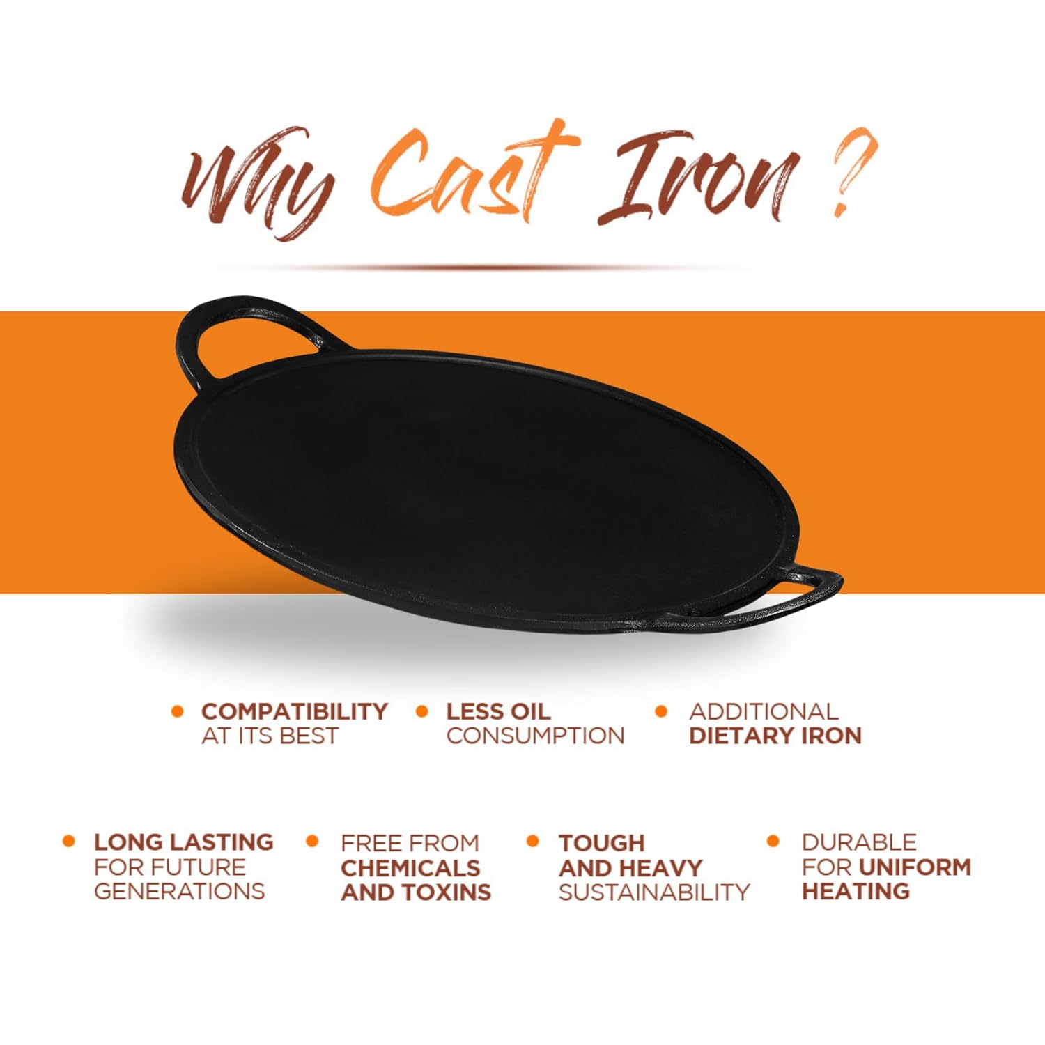 Kraft cast iron dosa tawa benefits orange white background
