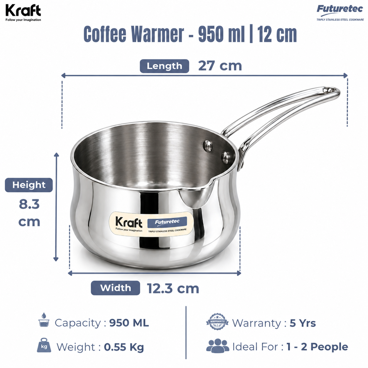 Stainless steel coffee warmer with dimensions and features on a white background