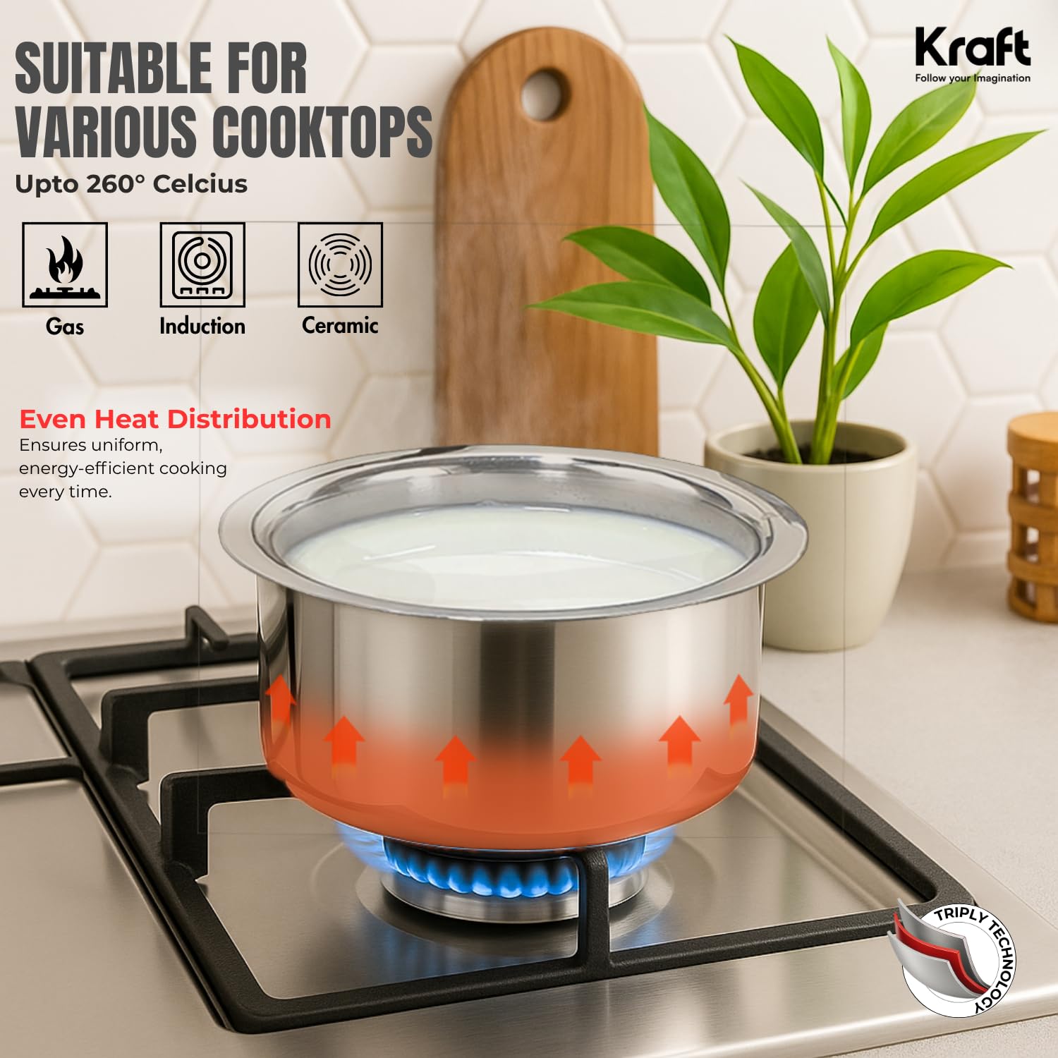 Kraft Futuretec Triply tope combo set SS lid induction feature
