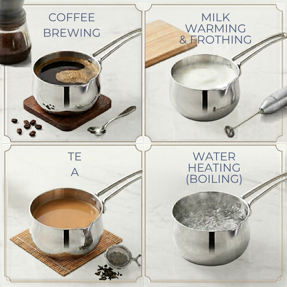 Four quadrants showing a stainless steel pot being used for coffee brewing, milk warming and frothing, tea making, and water heating.