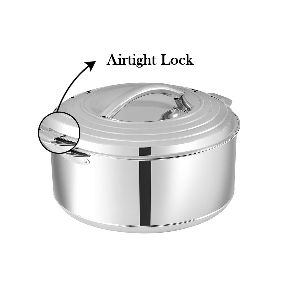 Mars stainless steel casserole featuring airtight lock lid for secure food storage and heat retention