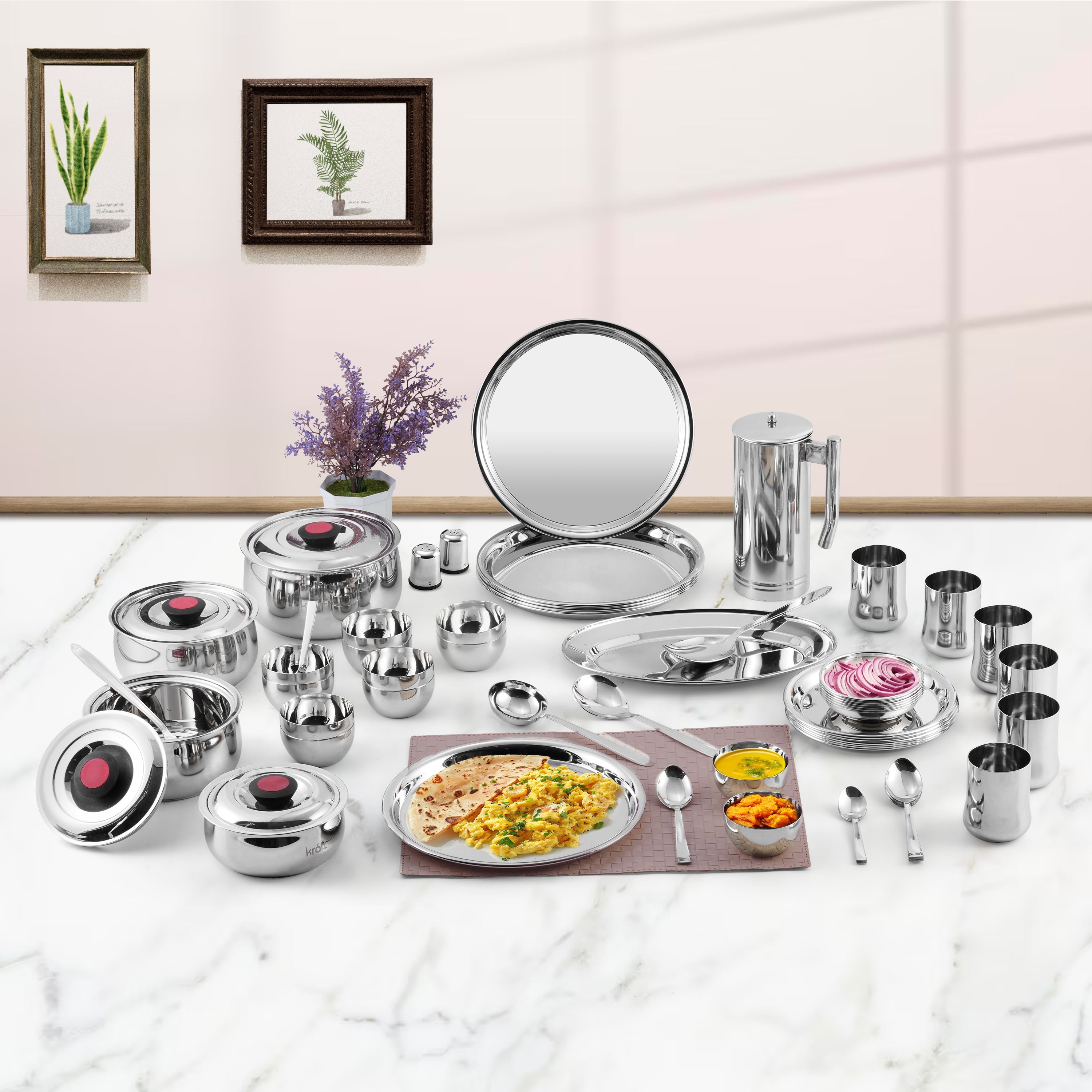 Kraft Celebration stainless steel dinner set 60pc plates bowls glasses