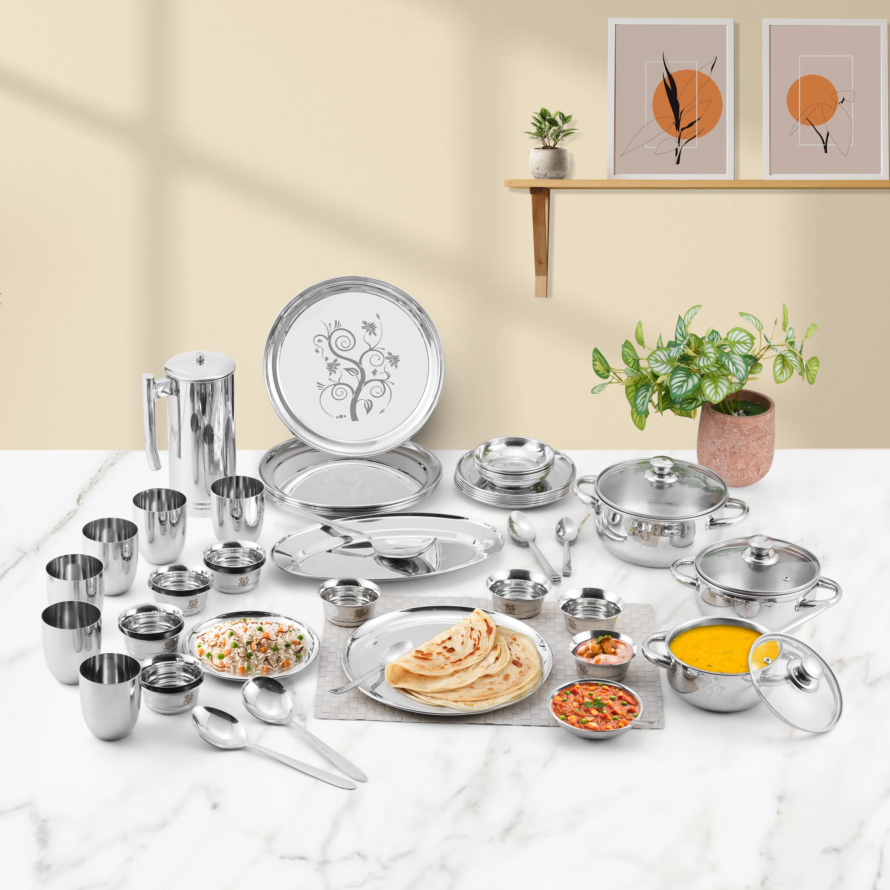 Kraft patterned dinner set 51pc 6 vati free plates bowls glasses