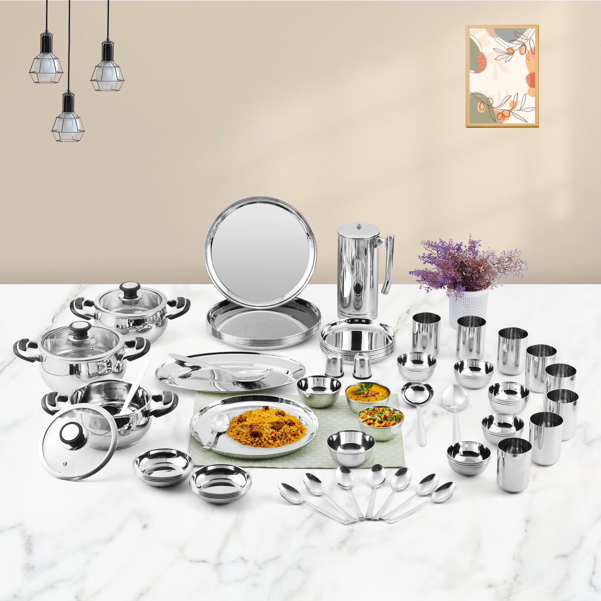 Kraft stainless steel dinner set 75pc plates bowls glasses spoons