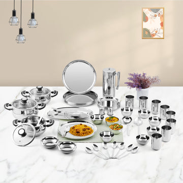 Kraft stainless steel dinner set 75pc plates bowls glasses spoons