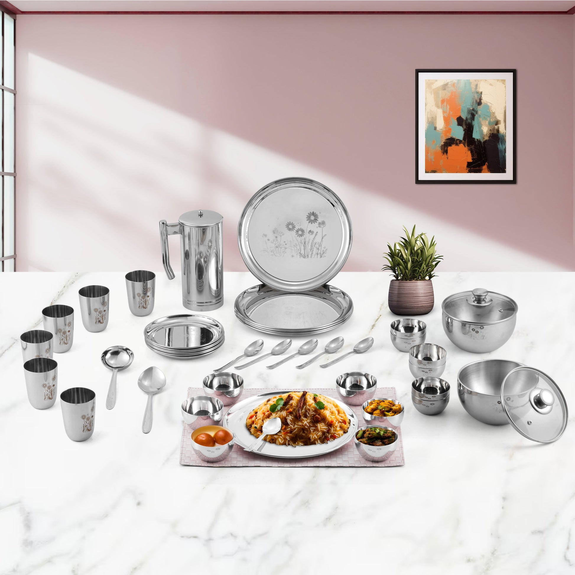 Kraft stainless steel Pattern dinner set 41pc plates bowls glasses spoons