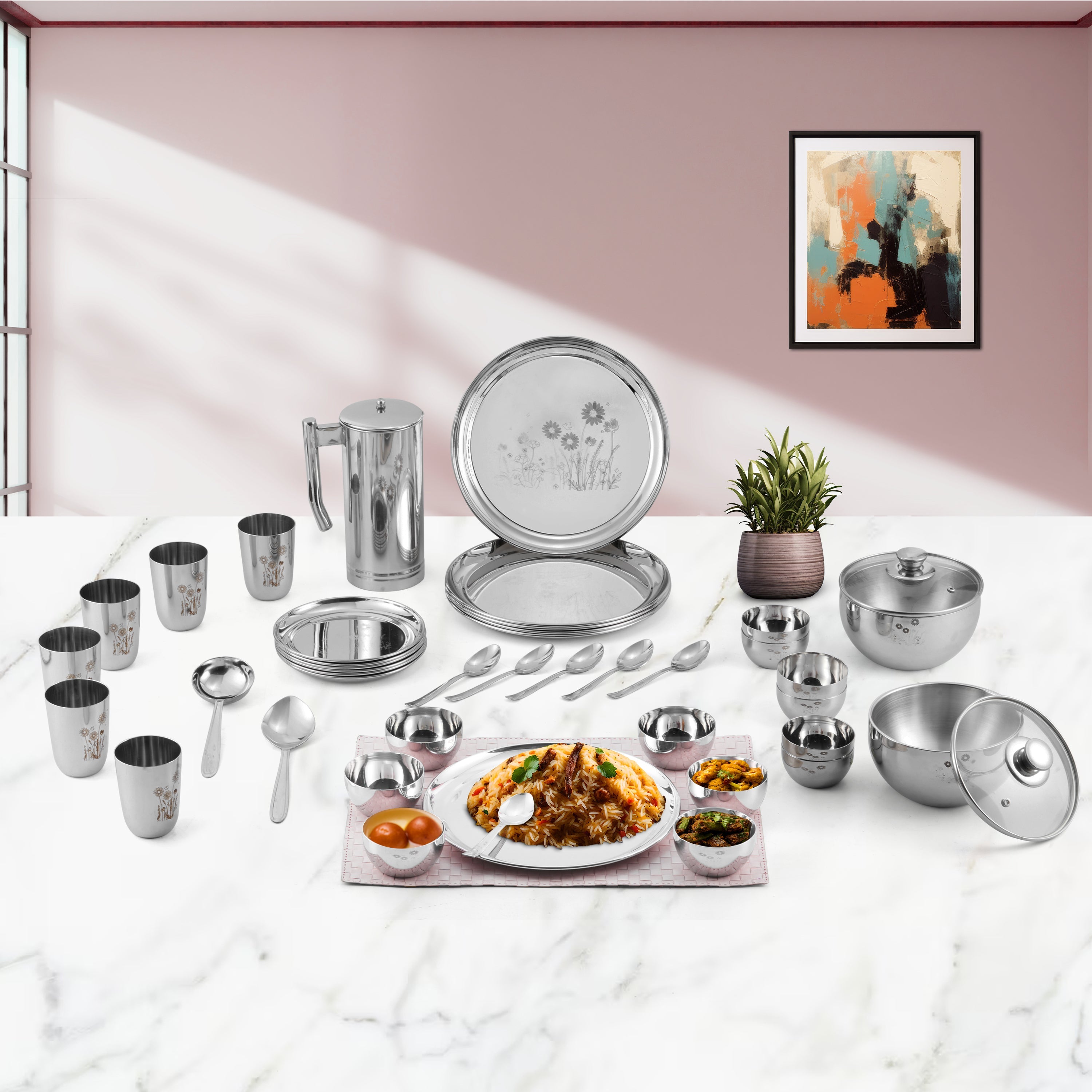 Kraft stainless steel Pattern dinner set 41pc plates bowls glasses spoons