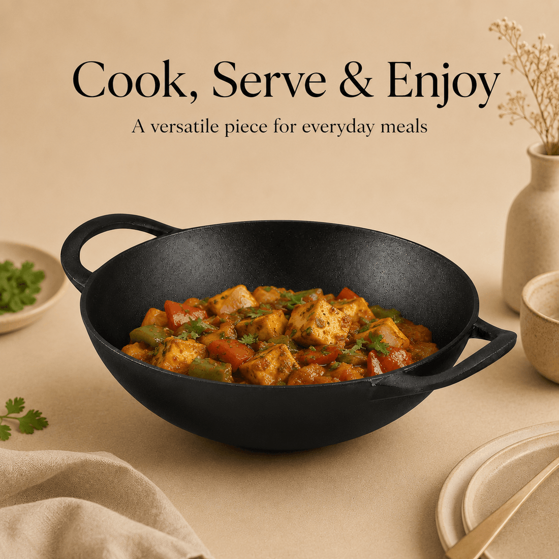 Kraft Infinity Pre-Seasoned Cast Iron Kadai (Induction Friendly)