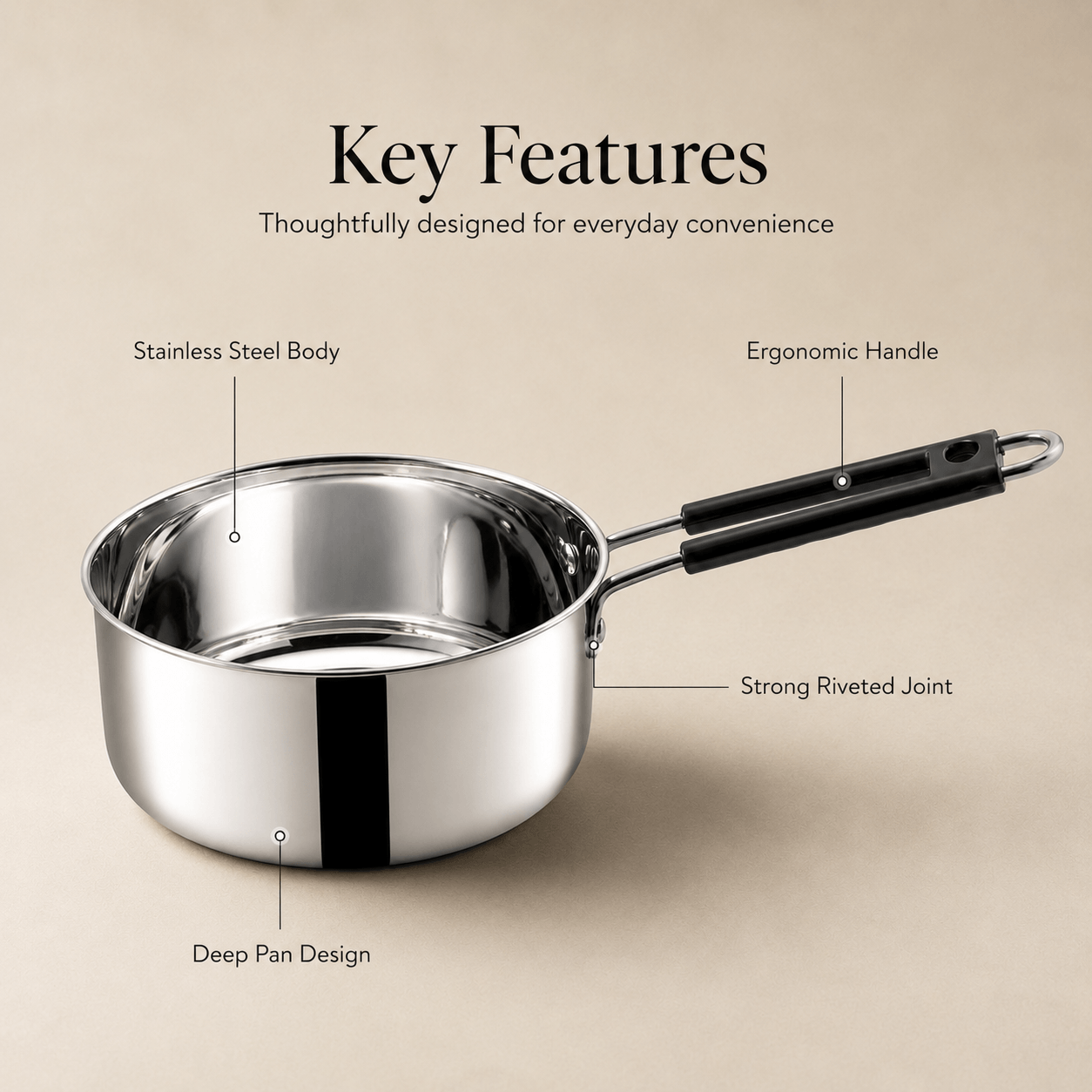Kraft Stainless Steel Plain Bottom Saucepan Size 10, 11 & 12 (Induction Friendly)
