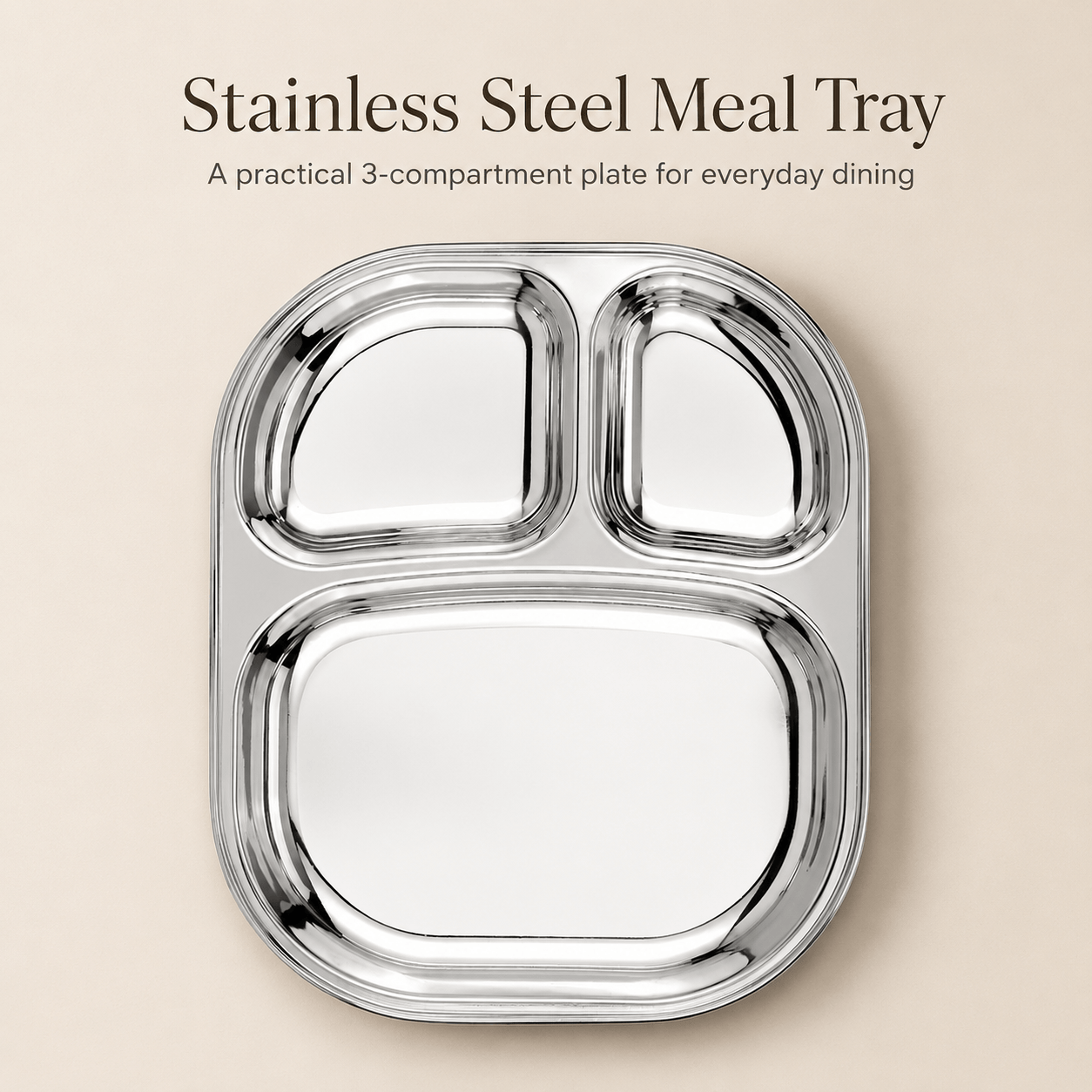 Kraft Stainless Steel Compartment Pav Bhaji Plate 3 Section Plate for Snacks & Dinner Serving