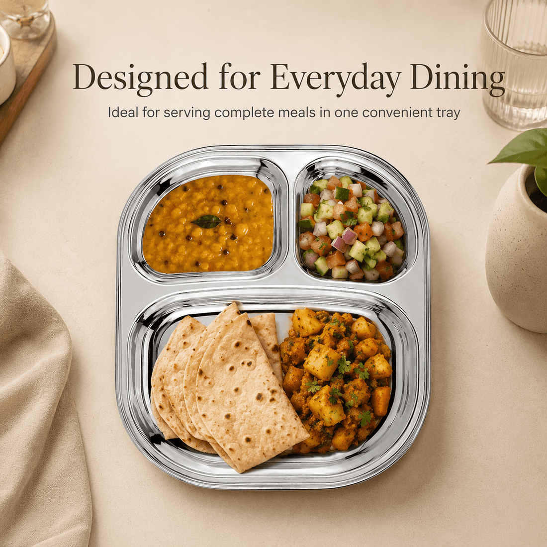 Kraft Stainless Steel Compartment Pav Bhaji Plate 3 Section Plate for Snacks & Dinner Serving