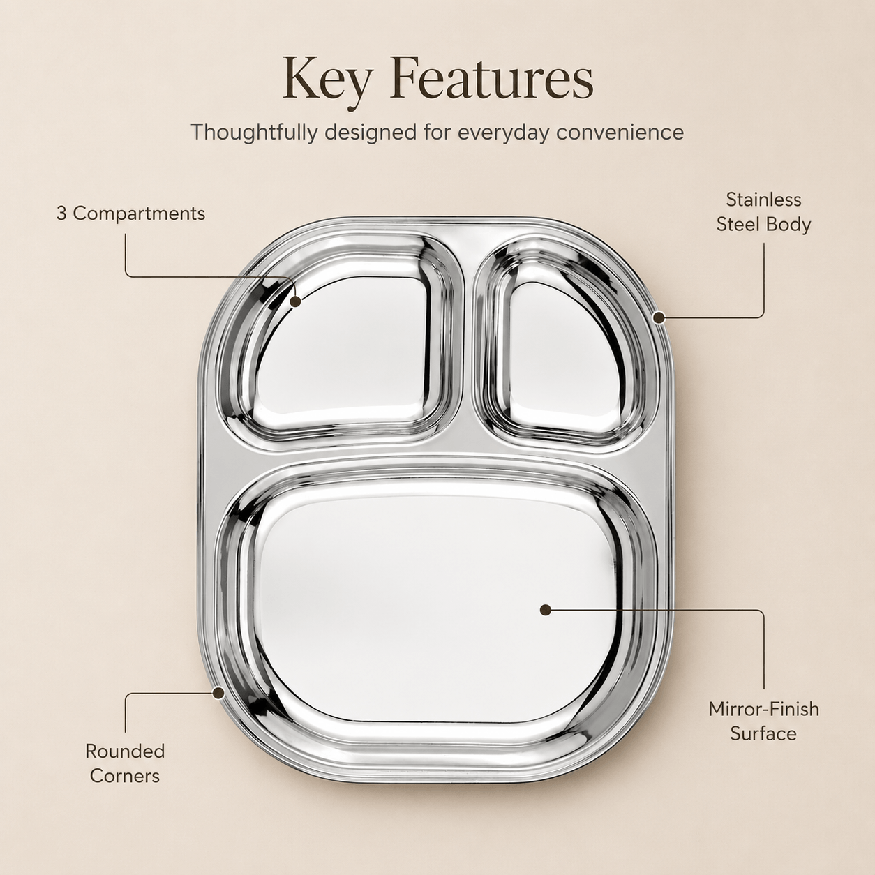 Kraft Stainless Steel Compartment Pav Bhaji Plate 3 Section Plate for Snacks & Dinner Serving