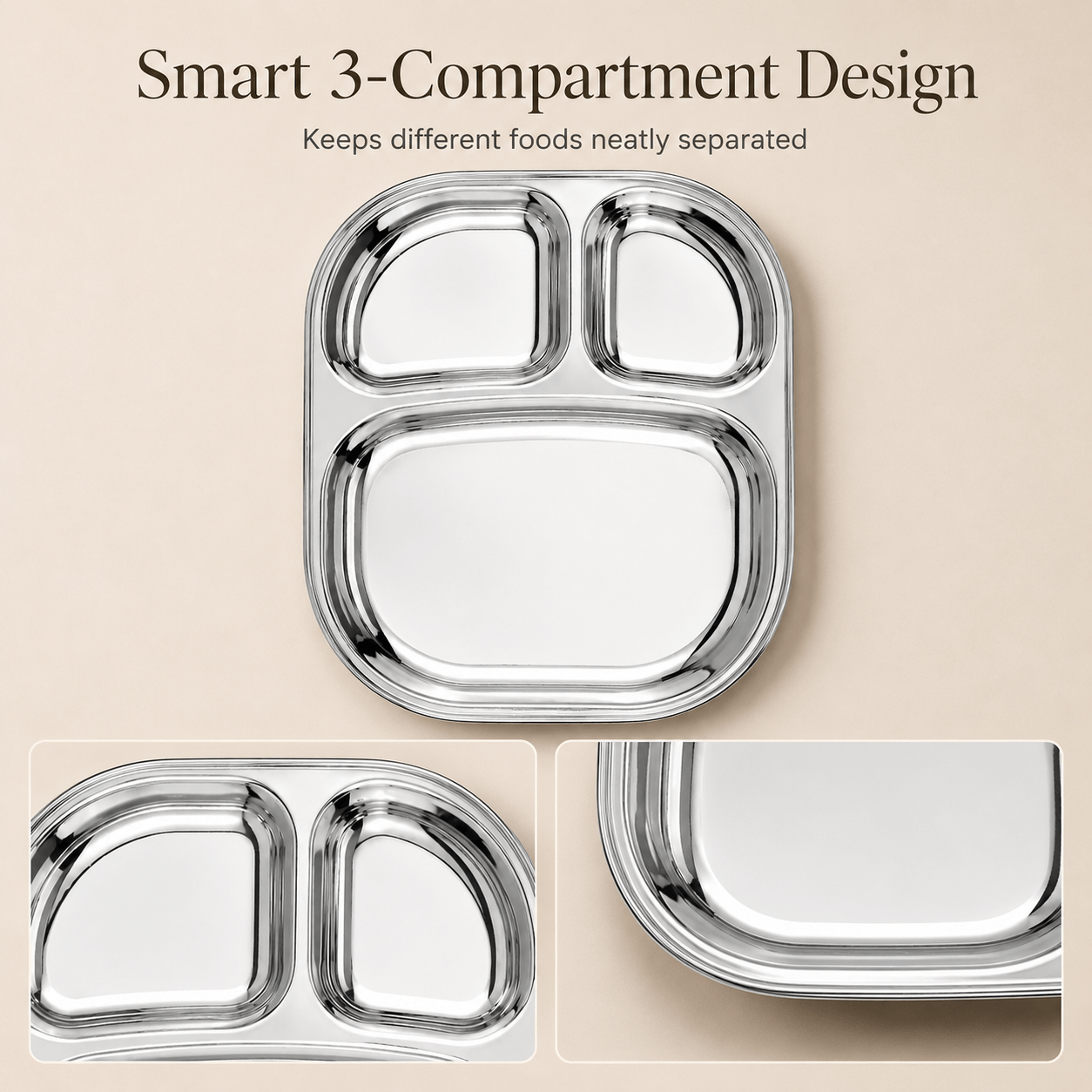 Kraft Stainless Steel Compartment Pav Bhaji Plate 3 Section Plate for Snacks & Dinner Serving