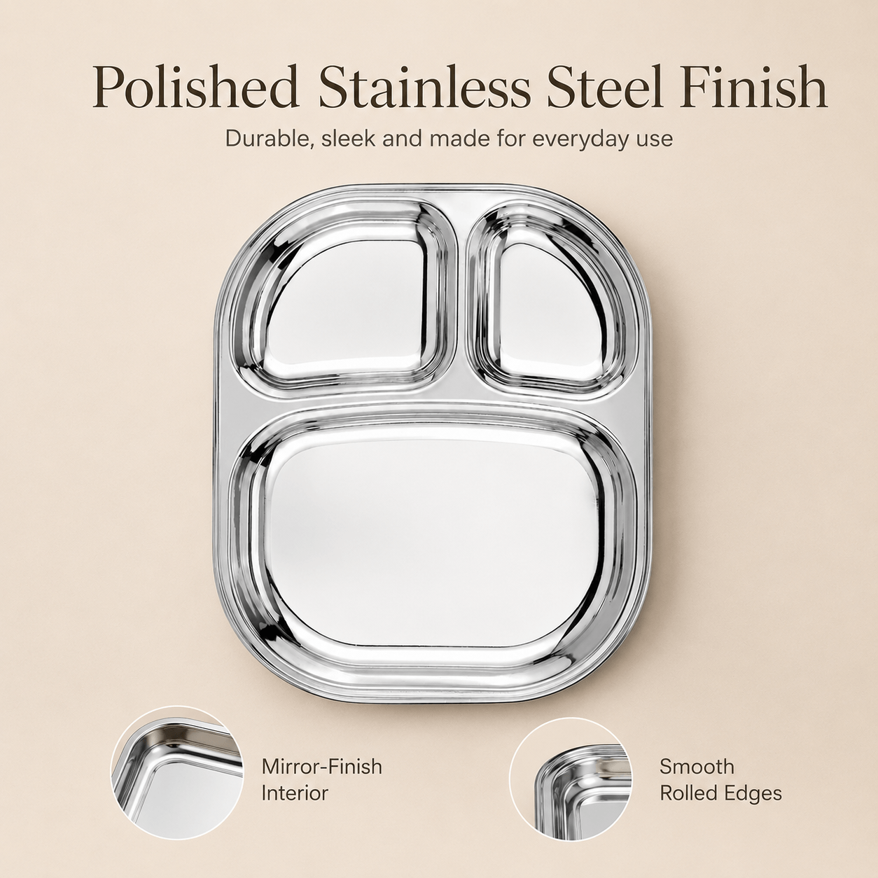 Kraft Stainless Steel Compartment Pav Bhaji Plate 3 Section Plate for Snacks & Dinner Serving