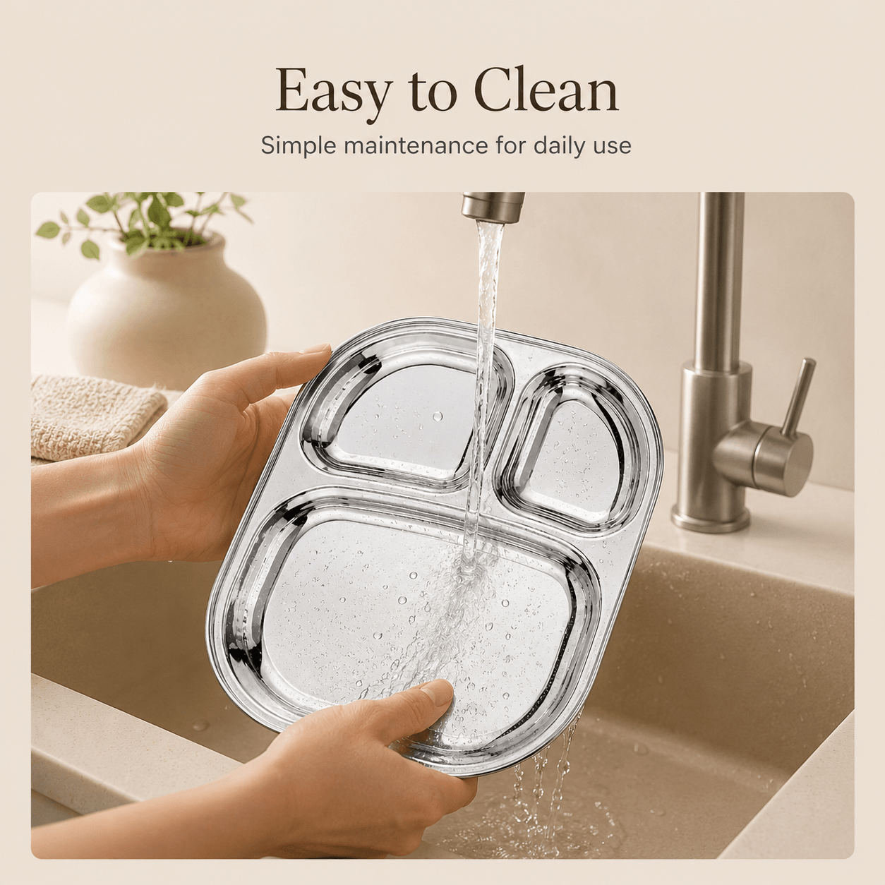 Kraft Stainless Steel Compartment Pav Bhaji Plate 3 Section Plate for Snacks & Dinner Serving