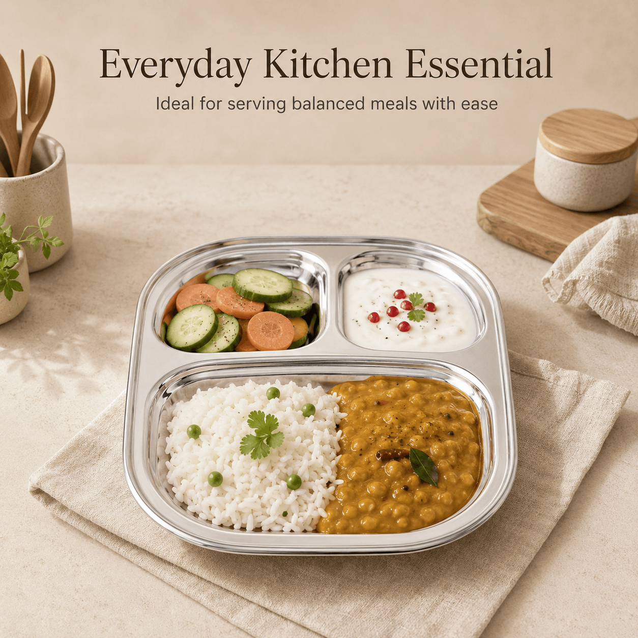 Kraft Stainless Steel Compartment Pav Bhaji Plate 3 Section Plate for Snacks & Dinner Serving
