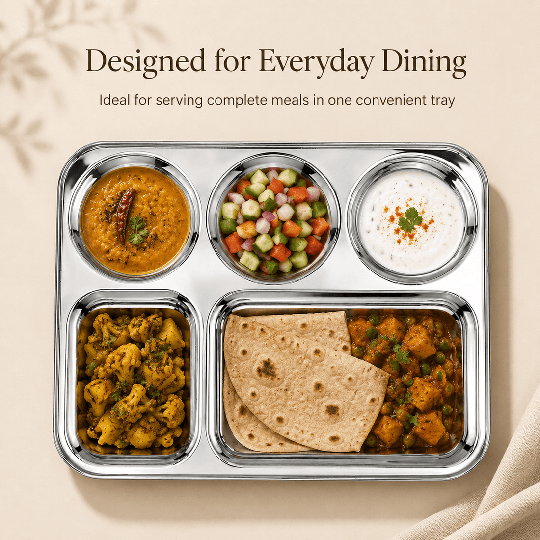 Kraft Stainless Steel 5 in 1 Canteen Plate  Compartment Meal Plate for Lunch, Dinner & Snacks