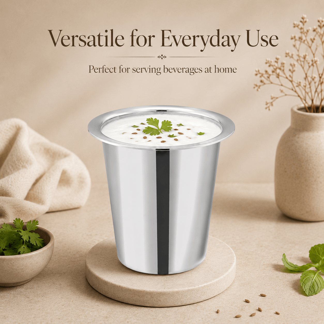 Kraft Stainless Steel Ram Patra Steel Glass Mirror Finish Traditional Drinking Glass for Water, Juice, Chaas & Lassi