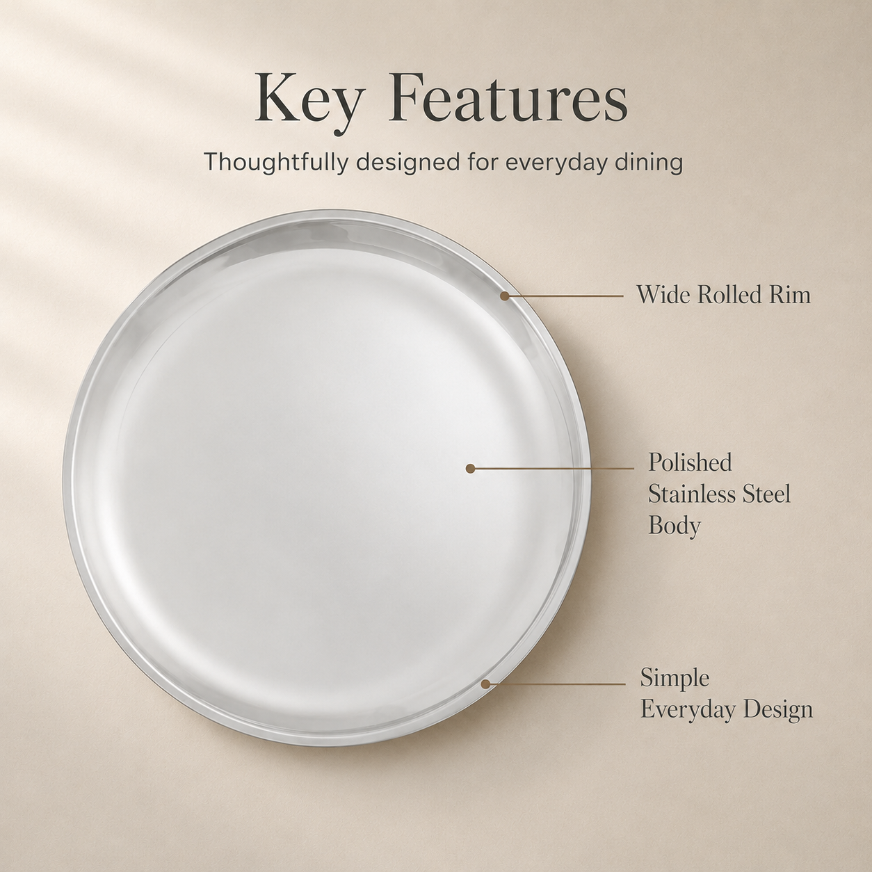 Kraft Stainless Steel China Plate  Mirror Finish Steel Dinner Plate for Meals, Snacks & Daily Serving