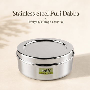 Kraft Stainless Steel Puri Dabba with Lid Mirror Finish Steel Food Storage Container for Puri, Roti, Snacks & Kitchen Use