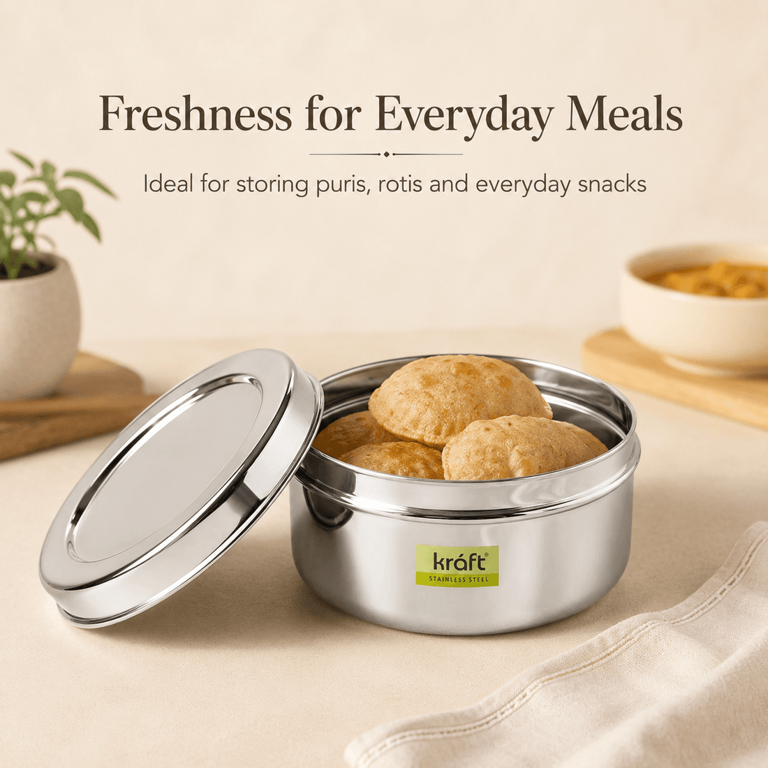 Kraft Stainless Steel Puri Dabba with Lid Mirror Finish Steel Food Storage Container for Puri, Roti, Snacks & Kitchen Use
