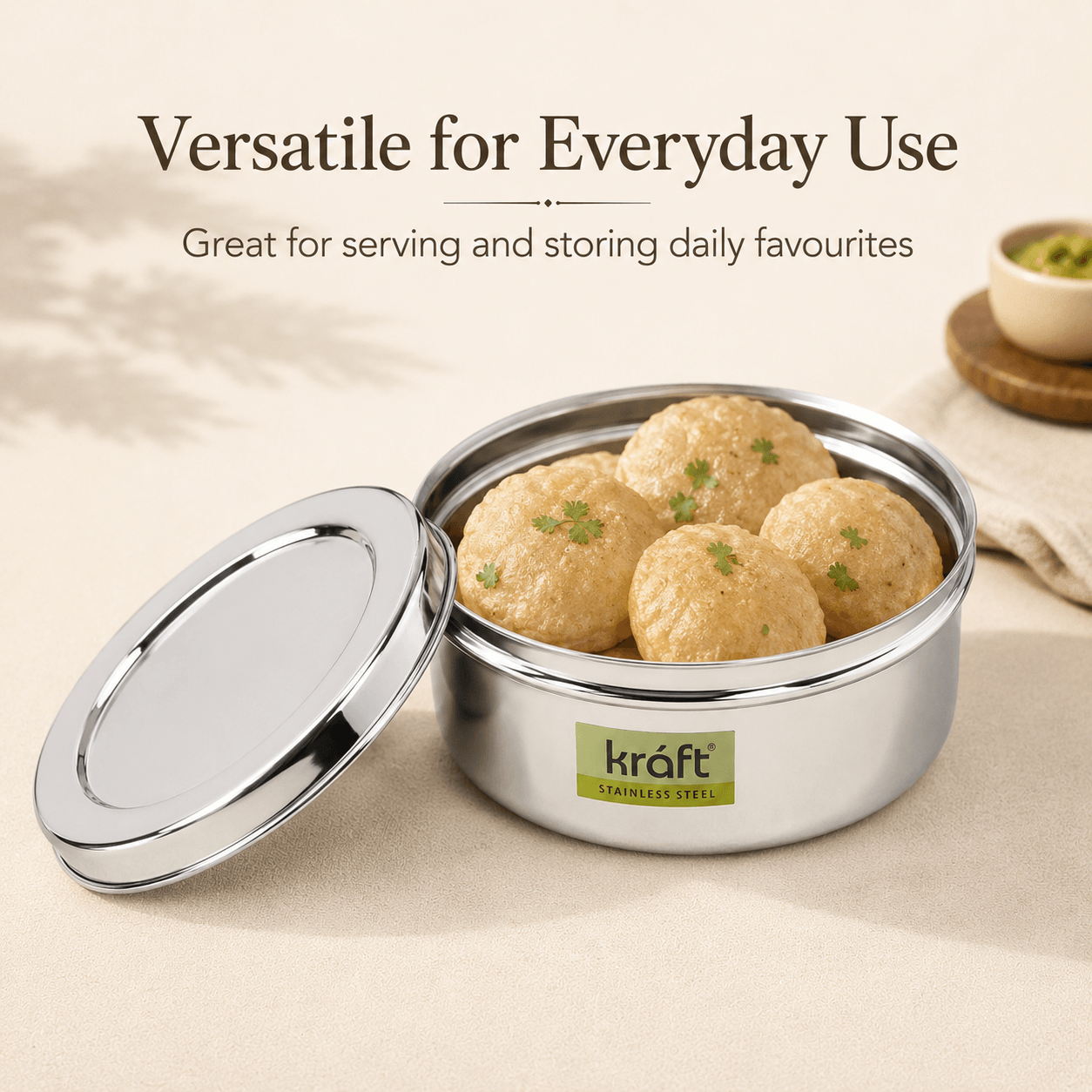 Kraft Stainless Steel Puri Dabba with Lid Mirror Finish Steel Food Storage Container for Puri, Roti, Snacks & Kitchen Use
