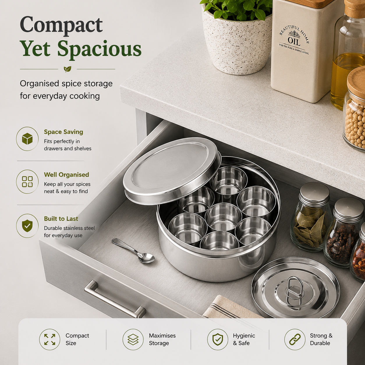 Kraft stainless steel spice masala box large kitchen storage