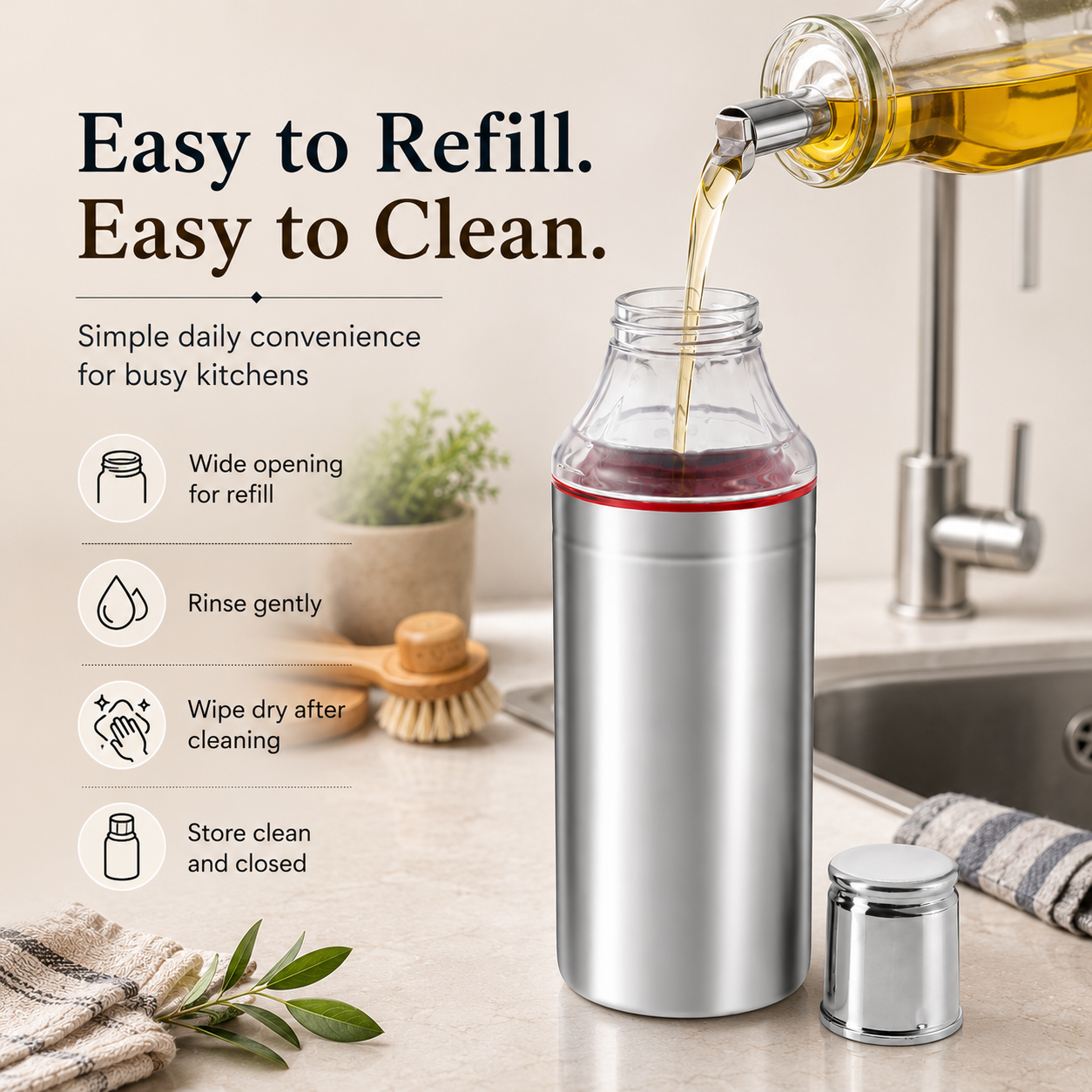 Kraft stainless steel oil dispenser bottle feature detail