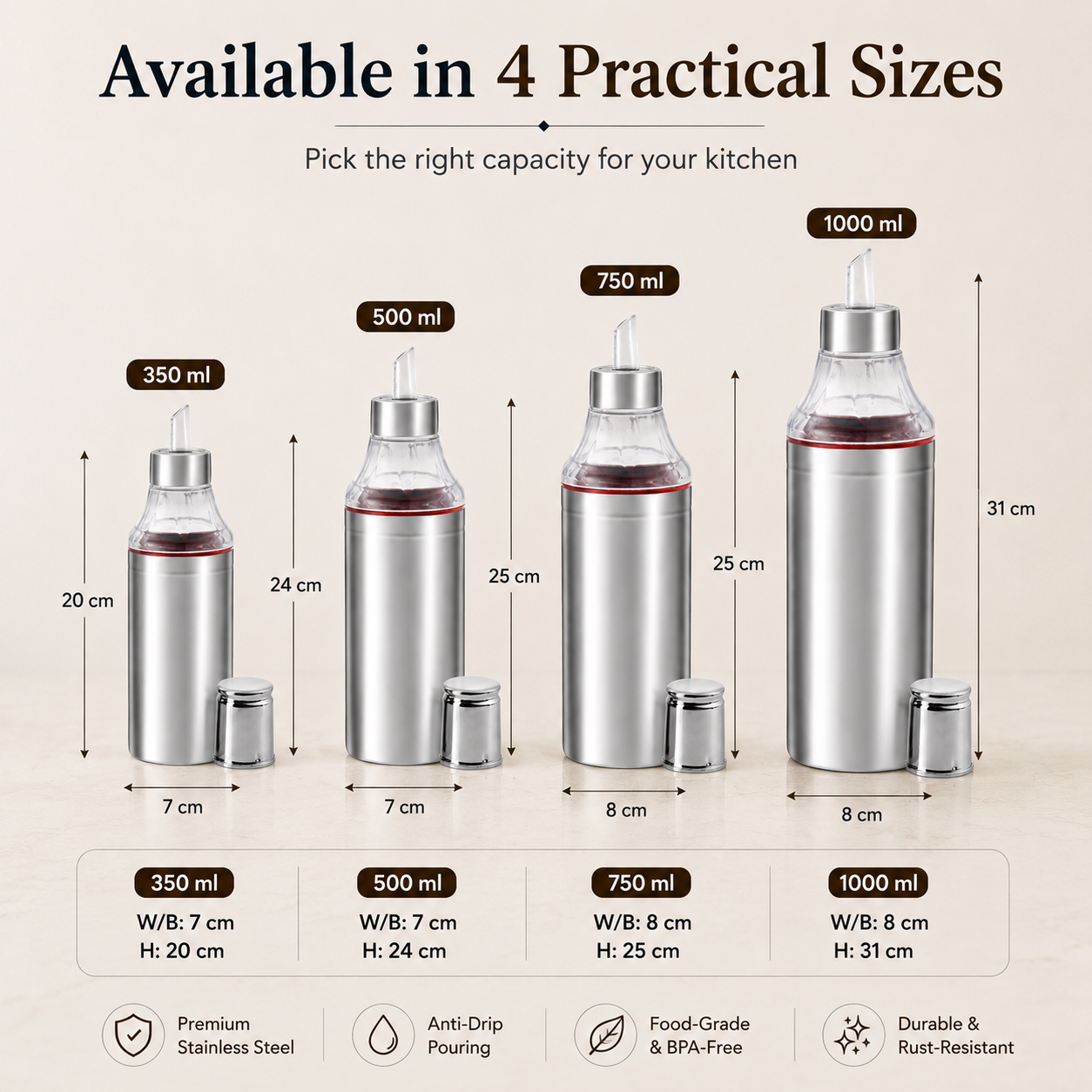 Kraft stainless steel oil dispenser 1L container kitchen