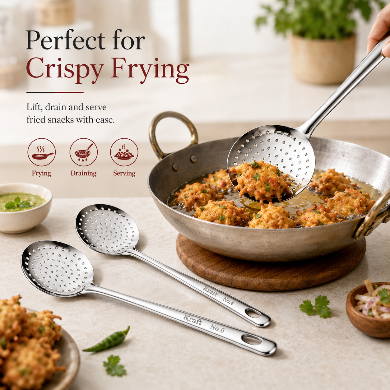Kraft Stainless Steel Skimmer Spoon | Perforated Jhara for Frying, Straining & Draining Oil