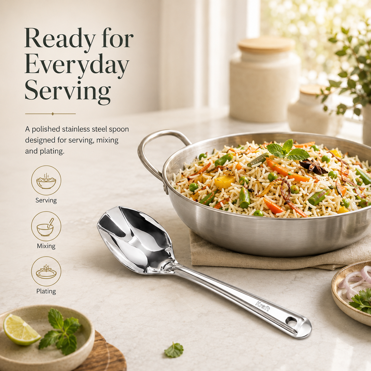 Kraft Stainless Steel Deep Biryani Server | Rice Serving Spoon